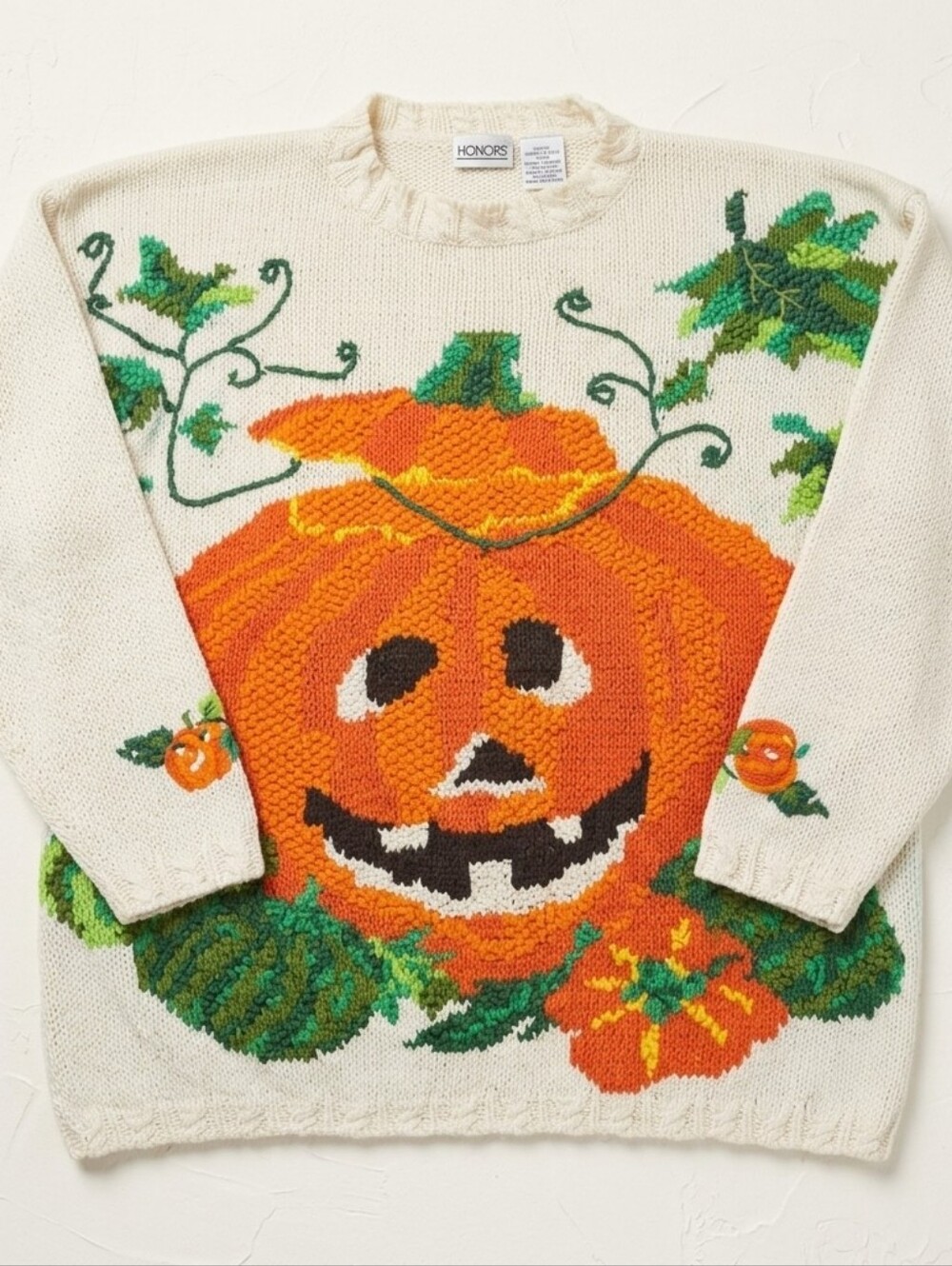 Vintage 90s Honors Halloween Pumpkin Knit Sweater Cream Size L Spooky Chunky